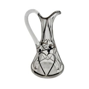 Vintage Silver Overlay Oil Or Vinegar Cruet Pitcher 5” Heart Pattern